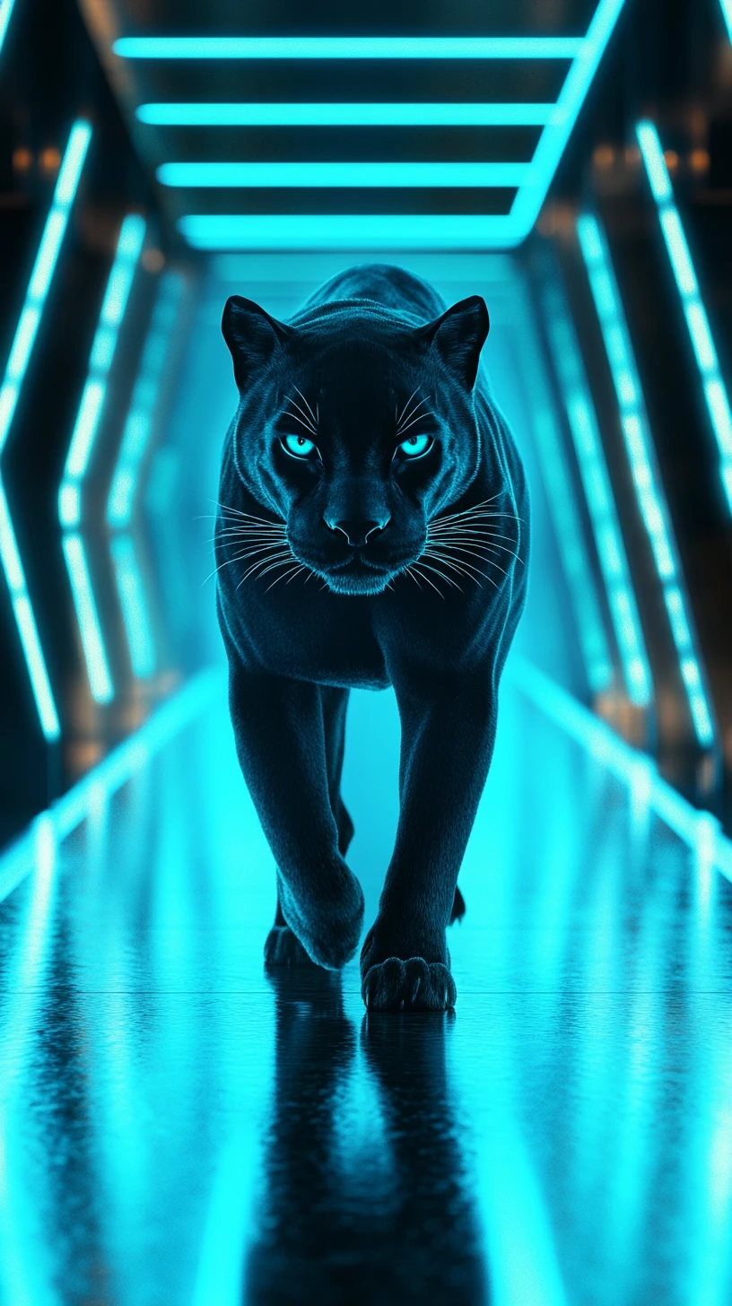 Panther Emerging From Shadow In Neon Lit Symmetrical Corridor