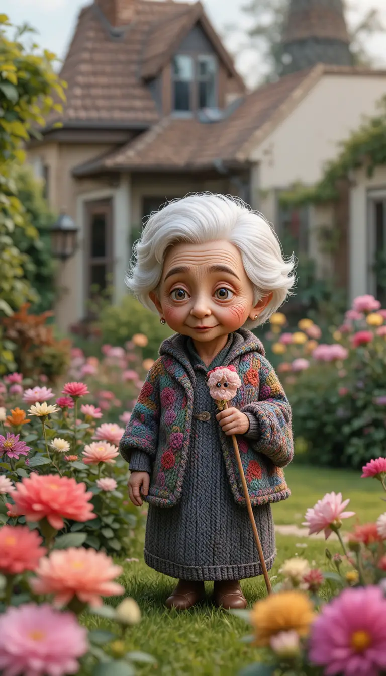 Elderly grandmother watching a ladybug in a flower garden
