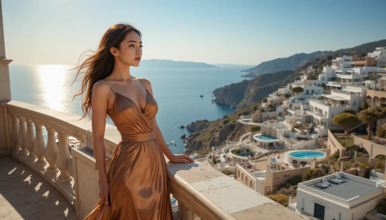 Korean woman in bronze gown on a sunlit Riviera balcony
