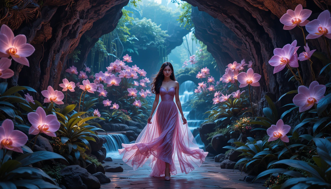 Korean woman walking through glowing orchid grotto sanctuary