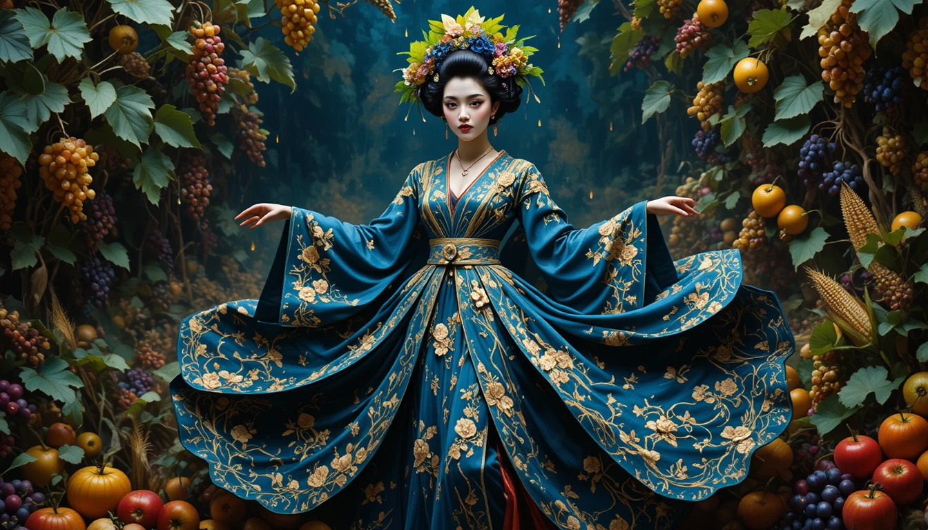 Geisha spinning in a storm with flowing kimono and rain