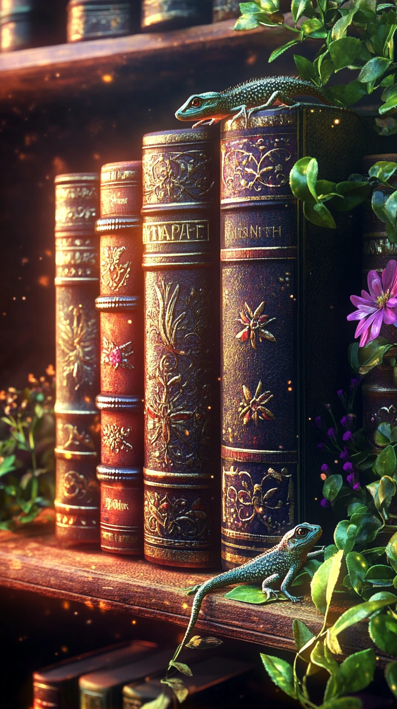Magical bookshelf with herbs and lizard in warm sunlight
