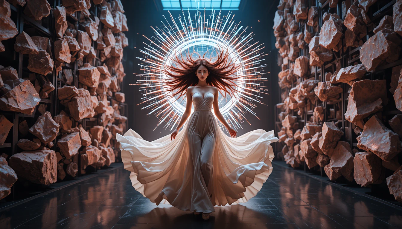 Korean woman stepping forward in glowing futuristic halo