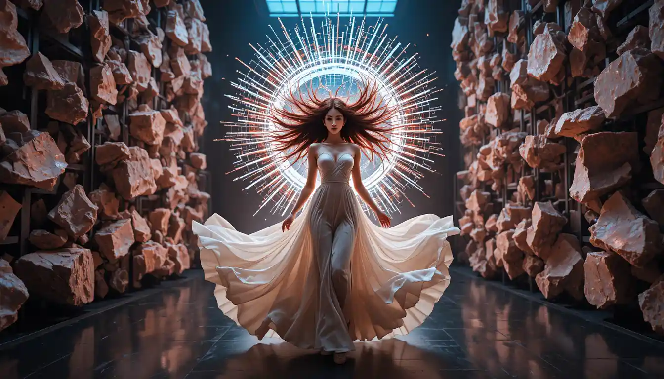 Korean woman stepping forward in glowing futuristic halo
