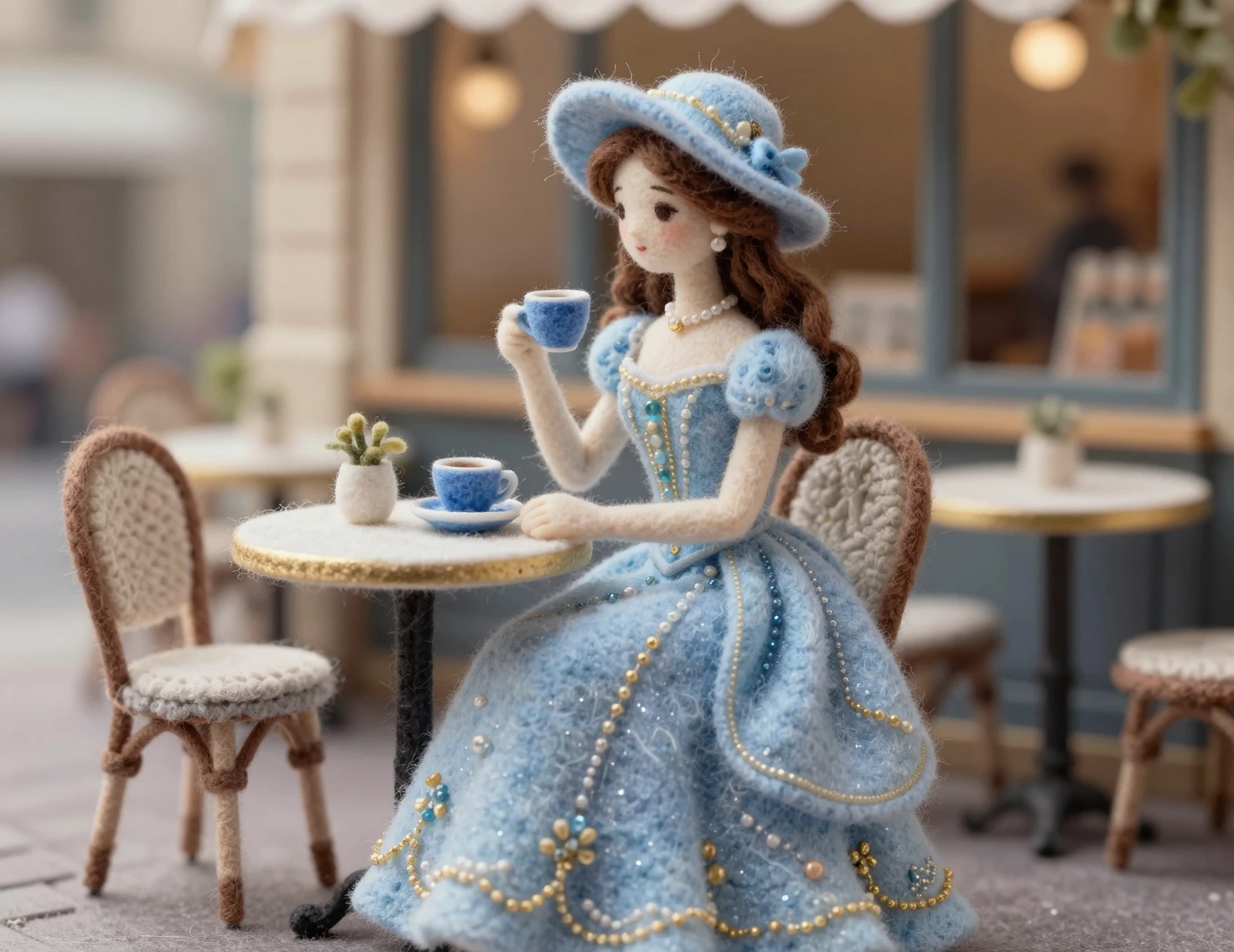 Elegante mulher de feltro em uma pequena mesa de café parisiense