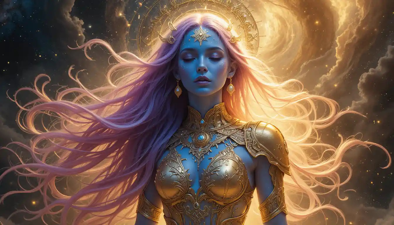 Ethereal blue woman in golden light amid swirling galaxy