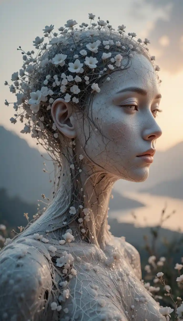 Surreal female profile sculpture entwined with wildflowers