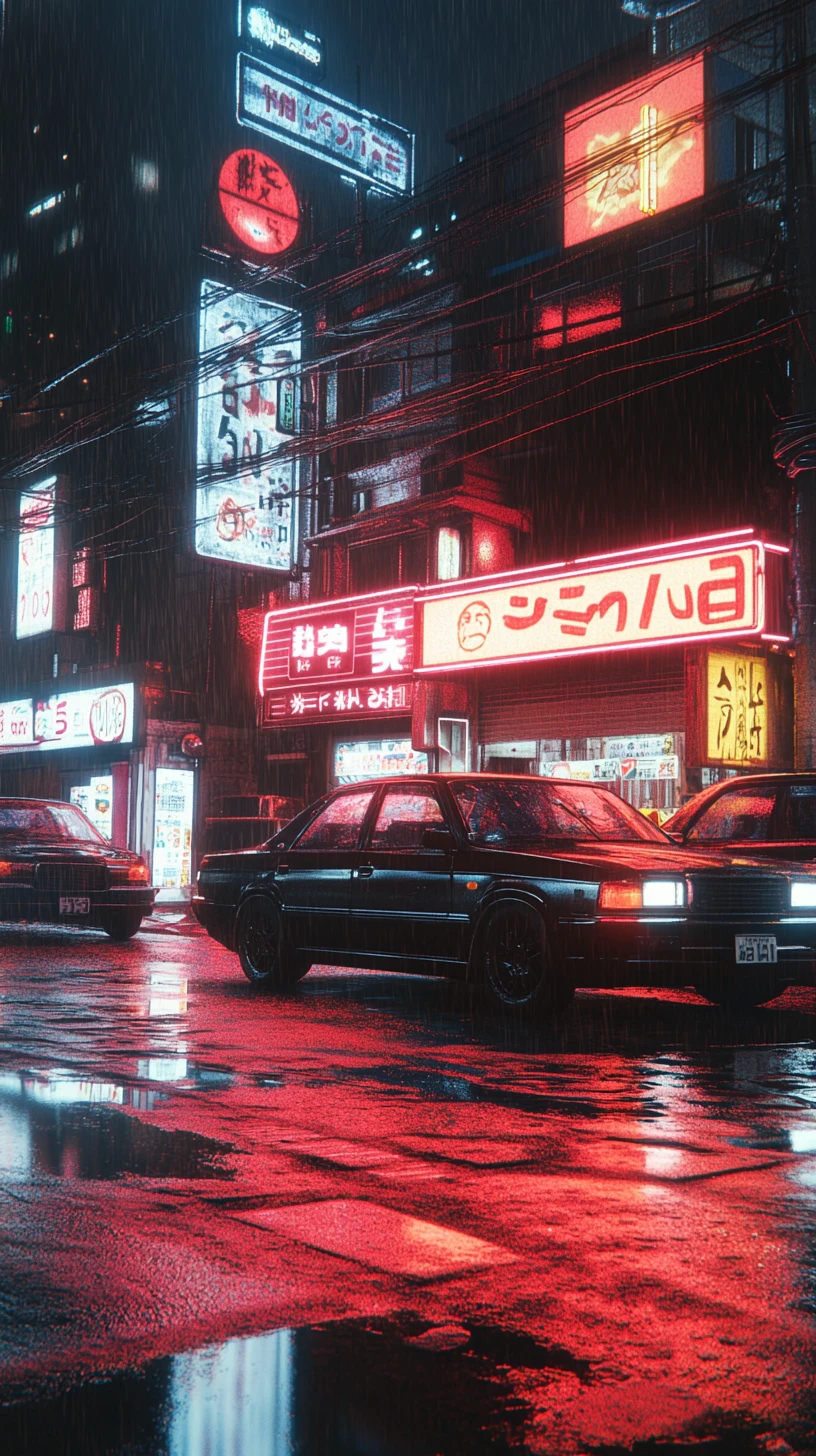 Neon lit Tokyo street with retro cars in the rain