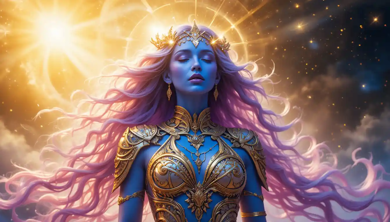 Mystical blue woman glowing in golden cosmic light