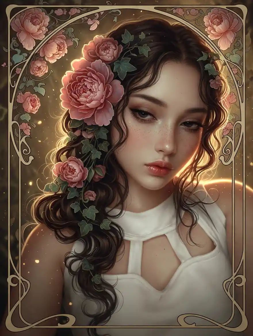 Art nouveau portrait of a freckled girl with floral hair