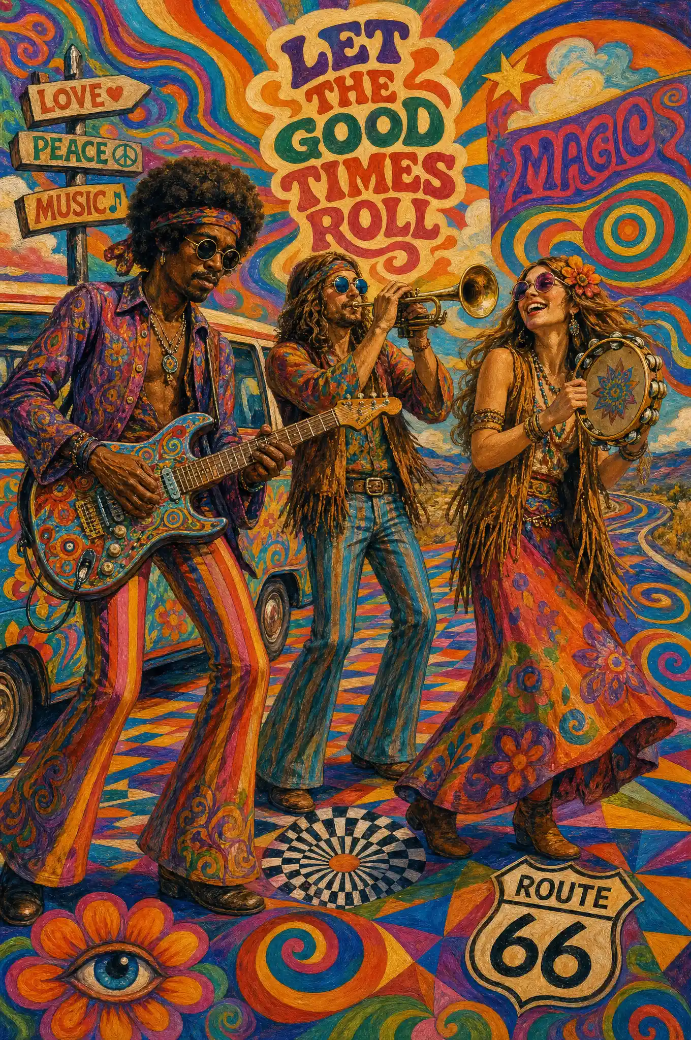 Friends jamming with instruments on a psychedelic abstract road