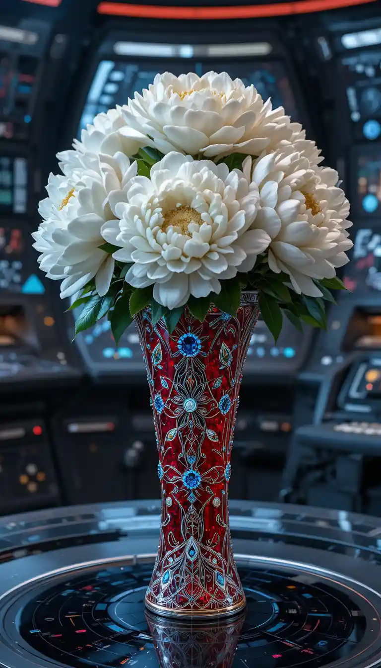 Red ice vase with white peonies on a spaceship table