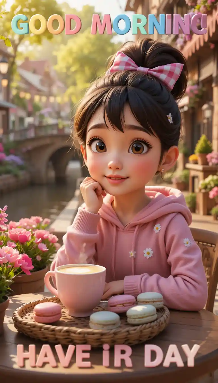 Garota em estilo Pixar em um café de primavera à beira do canal