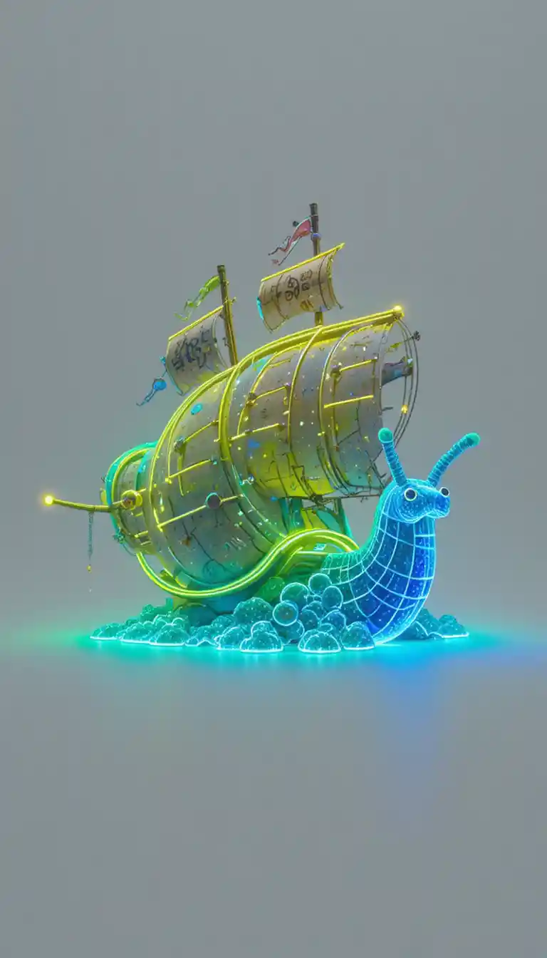 Neon Cartoon Snail With Pirate Ship Shell On White
