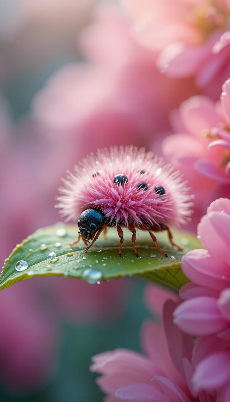 Fluffy Pink Ladybug Close Up On Dewy Green Leaf