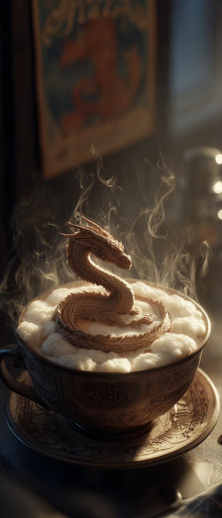 Arte latte de dragón de fantasía en una cafetería con ambiente