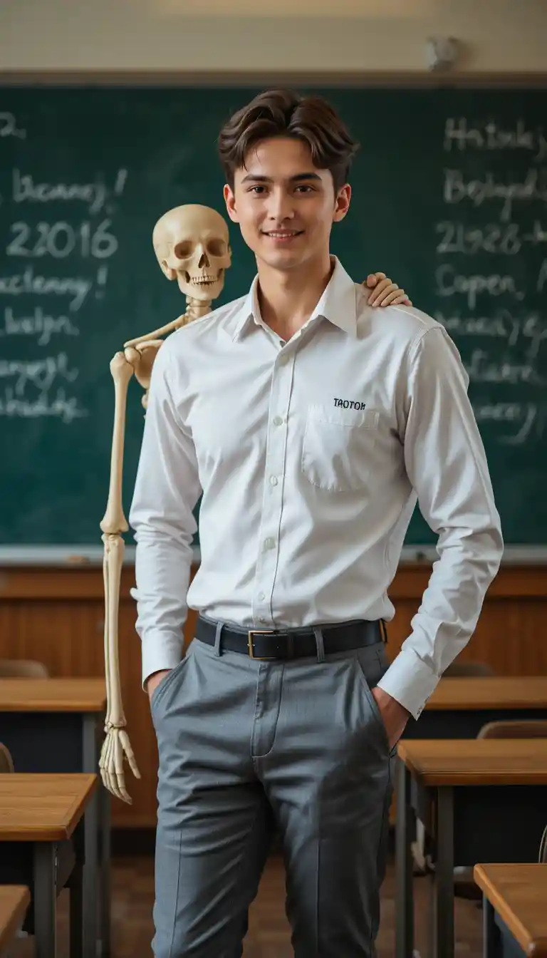 Playful male student posing with skeleton in classroom