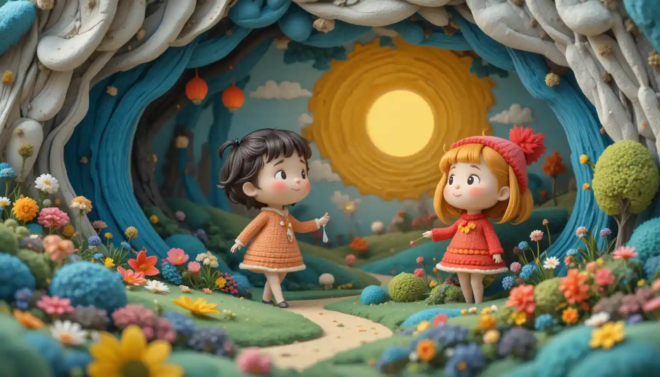 Cute 3D cartoon landscape with small duck character