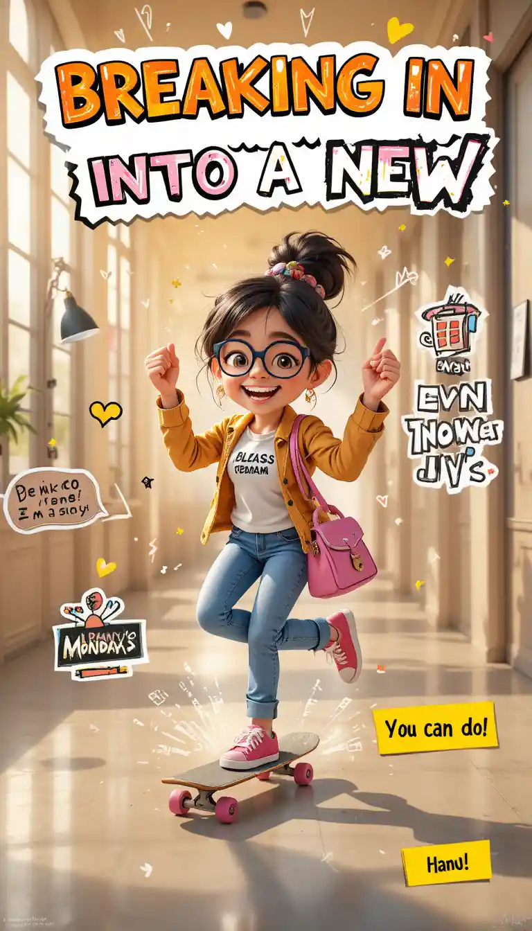 Cheerful little girl skateboards through bright office corridor