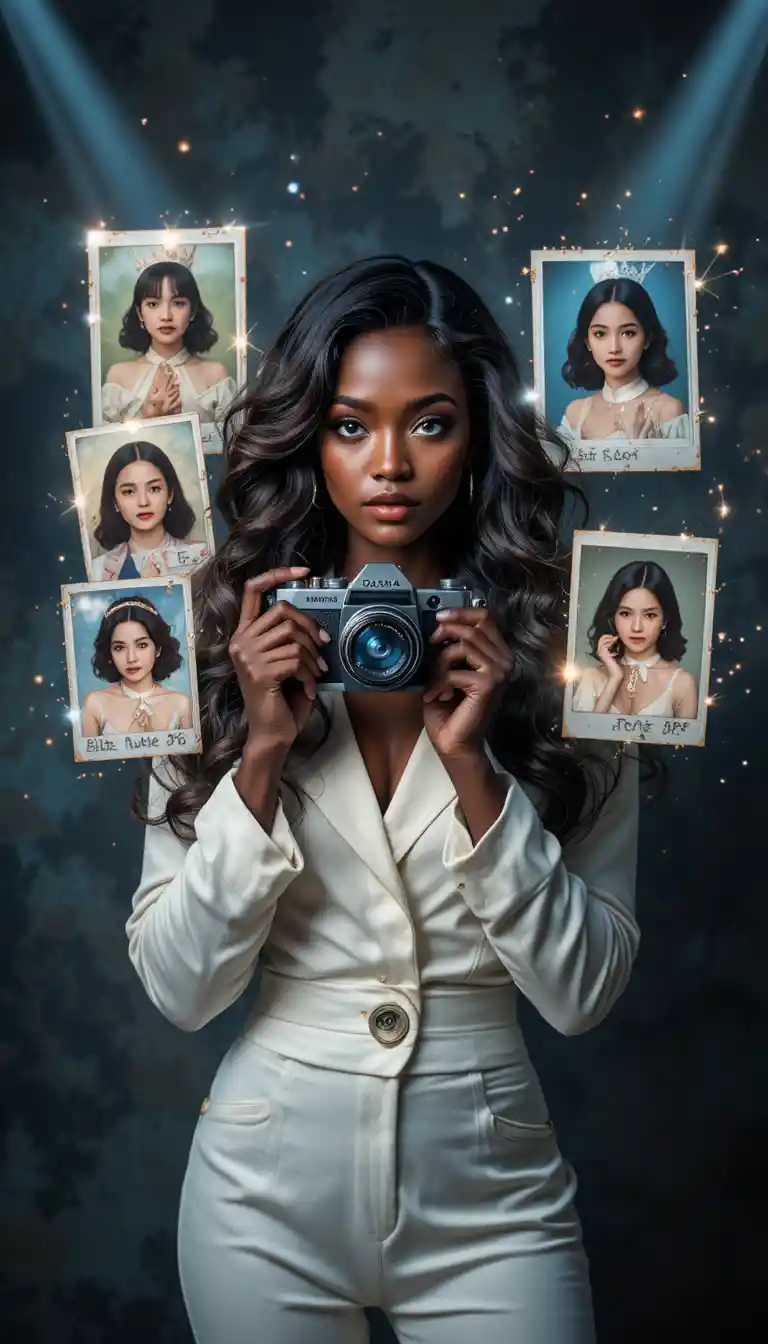 Surreal portrait of a woman with camera and floating photos