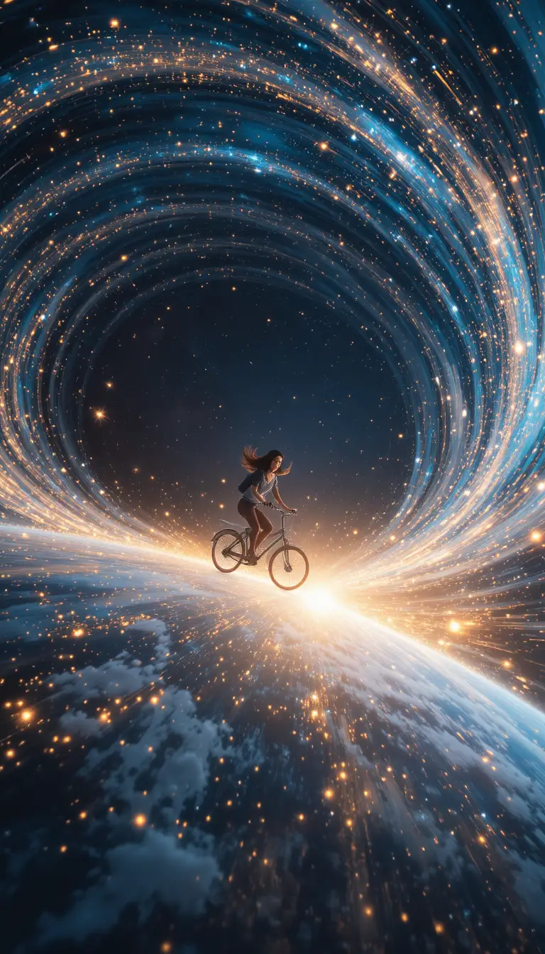 Girl on a bicycle flying along the edge of Earth