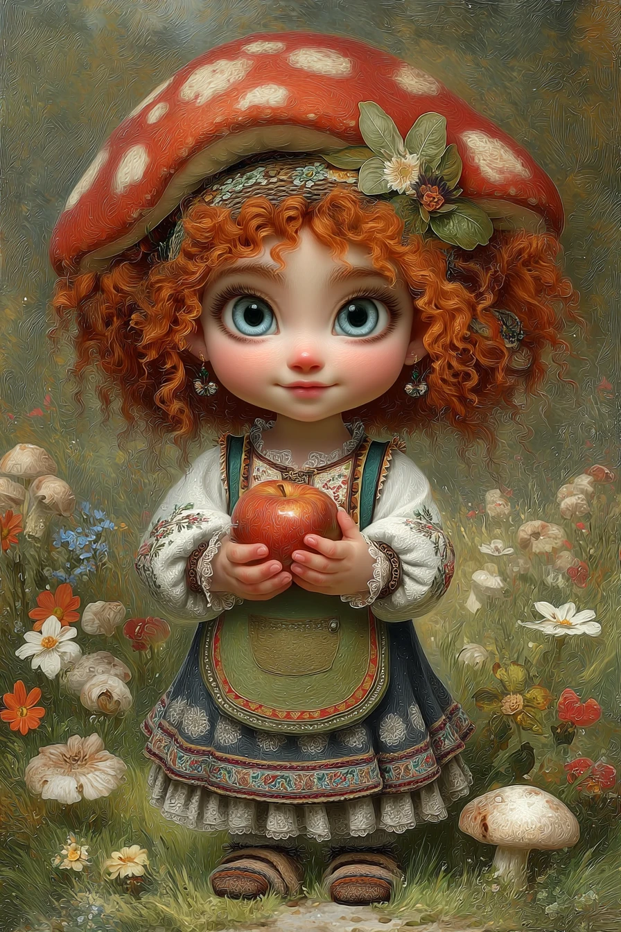 キノコの帽子をかぶったかわいい森のノームの女の子とフルーツ