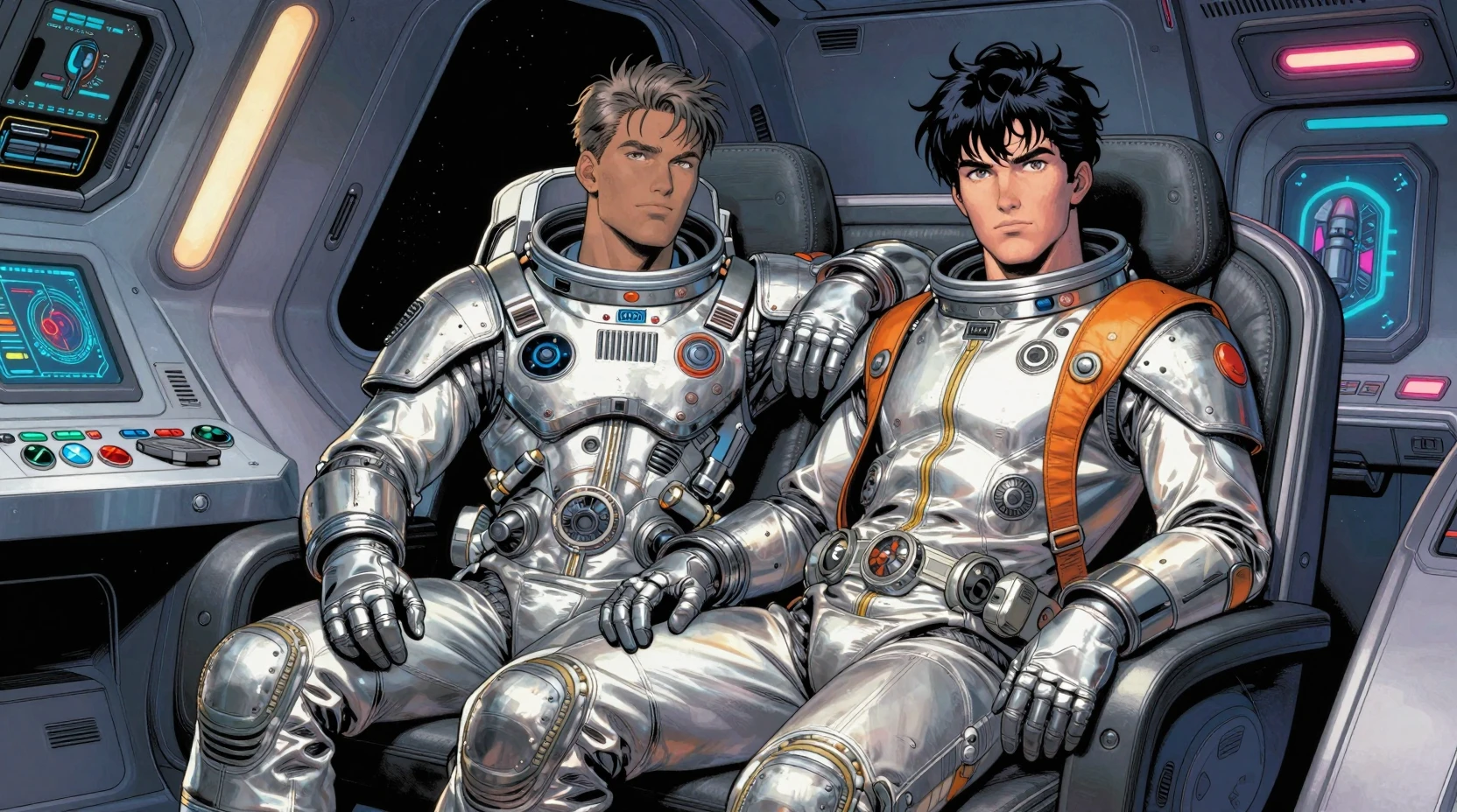 Two astronauts relaxing inside a neon lit spaceship interior
