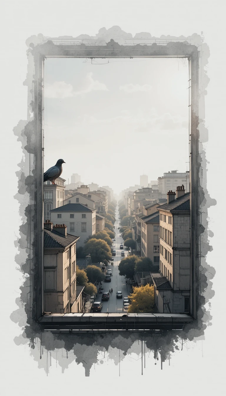 Minimal watercolor cityscape at sunrise in soft aerial view