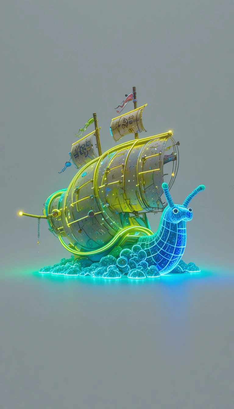 Neon Cartoon Snail With Pirate Ship Shell On White