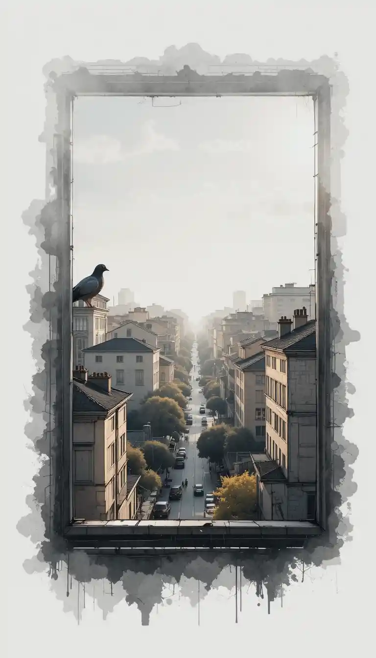 Minimal watercolor cityscape at sunrise in soft aerial view