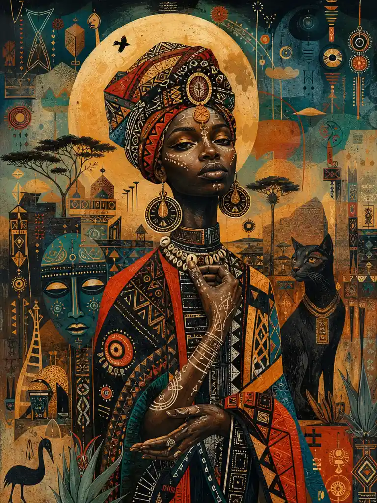 Mystical Surreal Woman Amid Dreamlike African Inspired Patterns