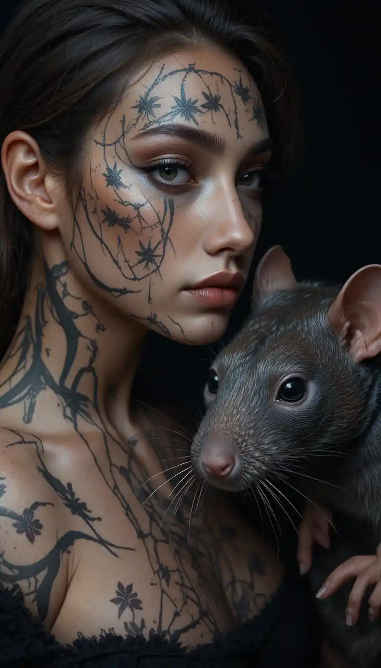 Donna con tatuaggi di ratto in un drammatico ritratto in studio