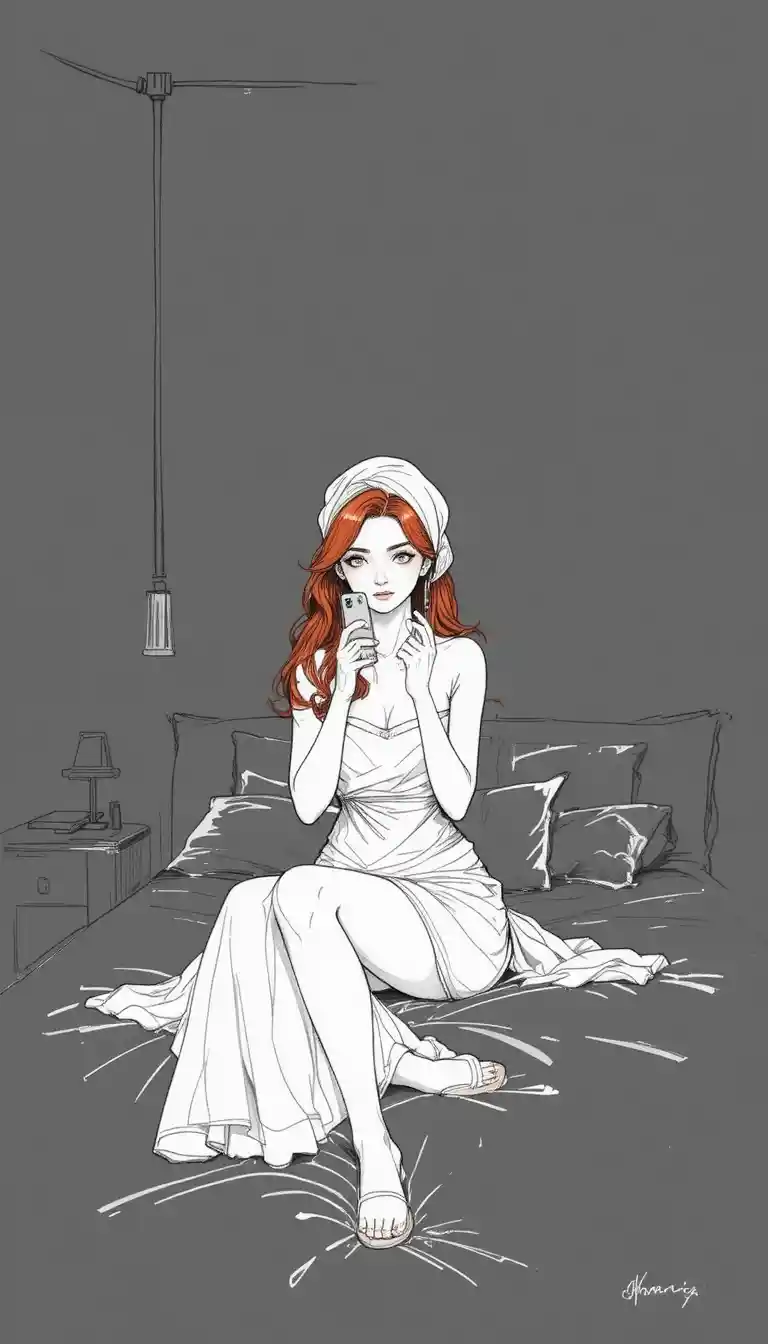 Red haired woman on a bed in a minimalist bedroom