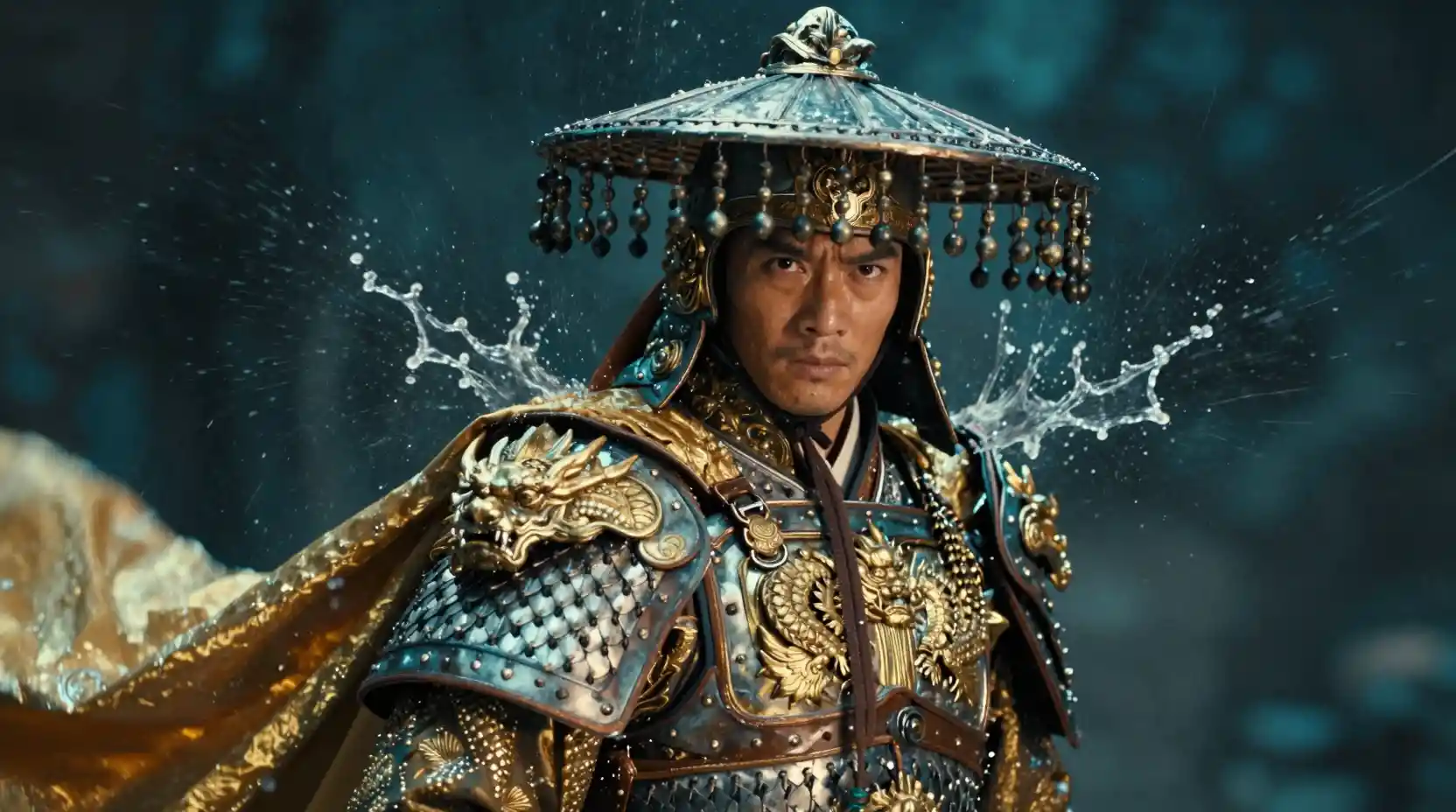 Ancient Chinese warrior in golden armor amid splashing water
