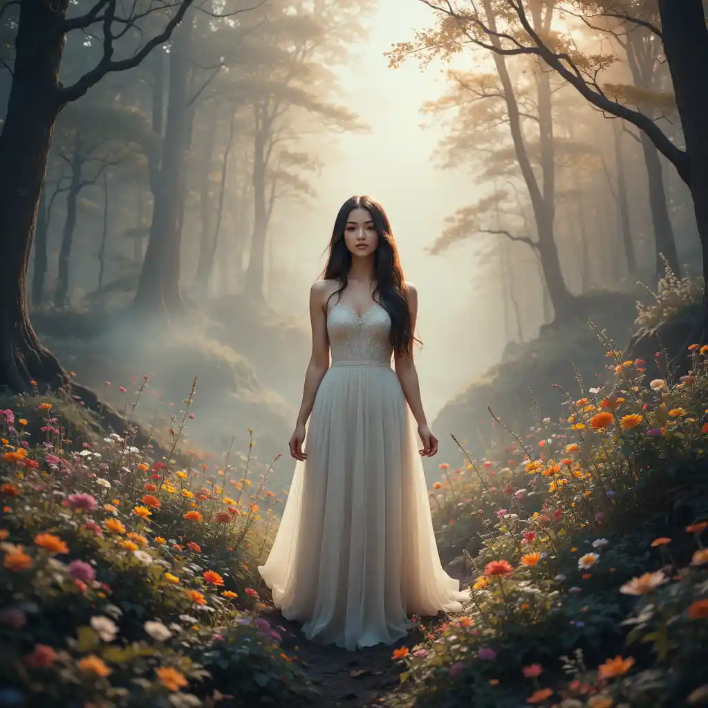 Mystical woman at the edge of a vibrant misty forest