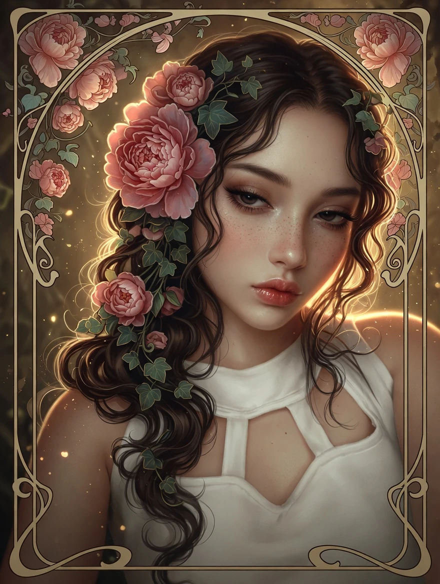 Art nouveau portrait of a freckled girl with floral hair