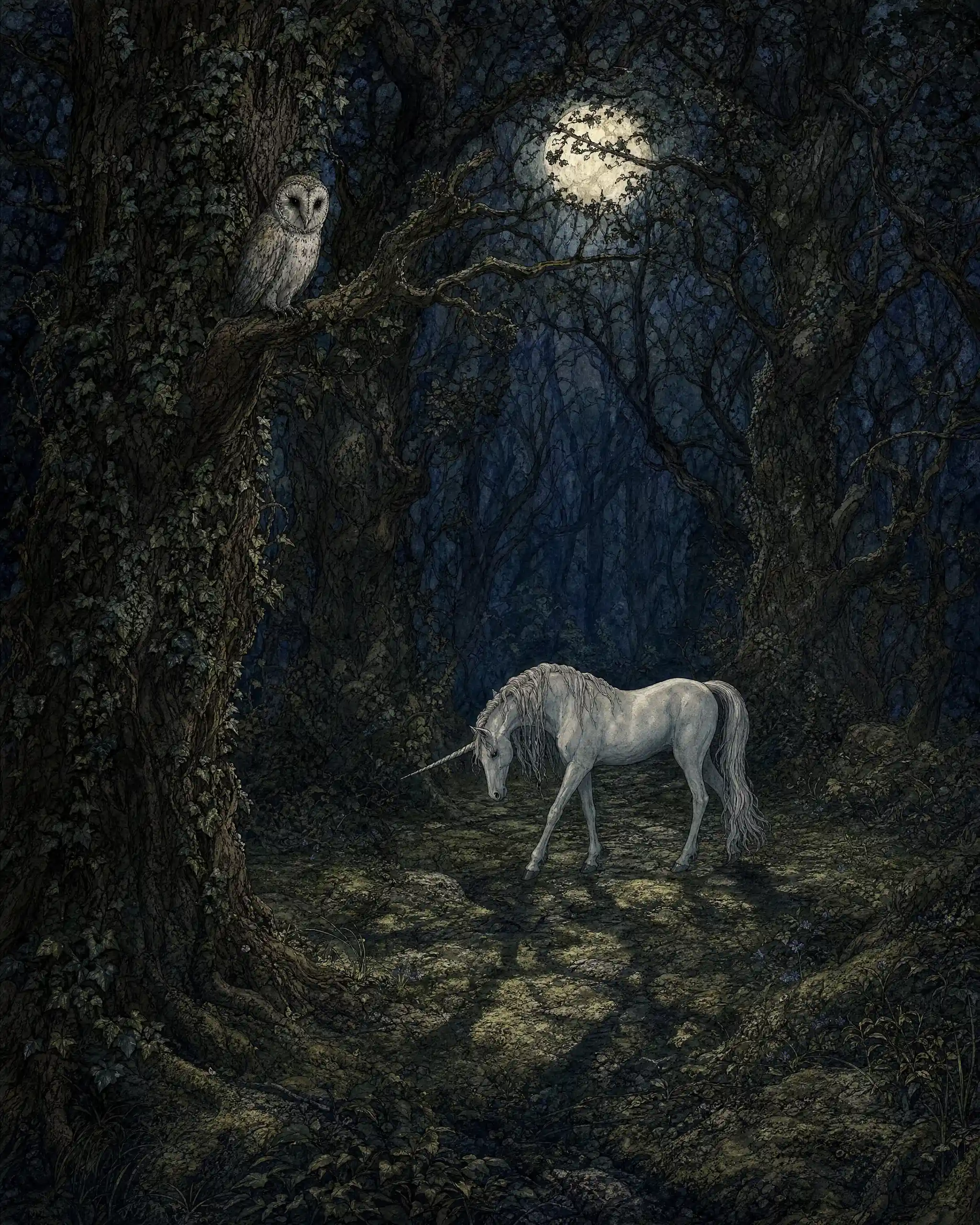 White unicorn walking through moonlit enchanted forest shadows