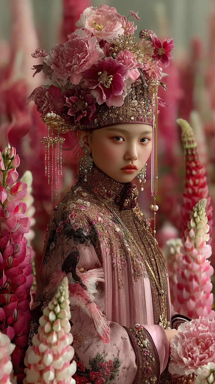 Regal woman in pink hanfu amid blooming lupin garden
