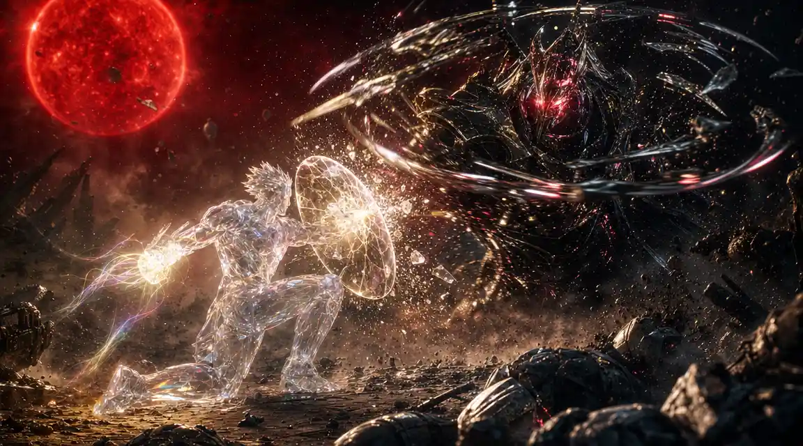 Crystal construct warrior clashing with void armored overlord