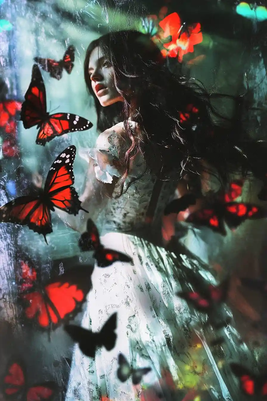 Glass butterflies dancing against a surreal dark backdrop