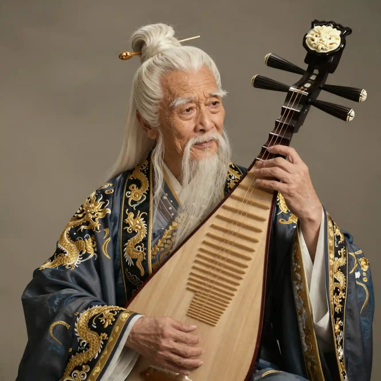 Elderly Chinese musician playing pipa in traditional robe