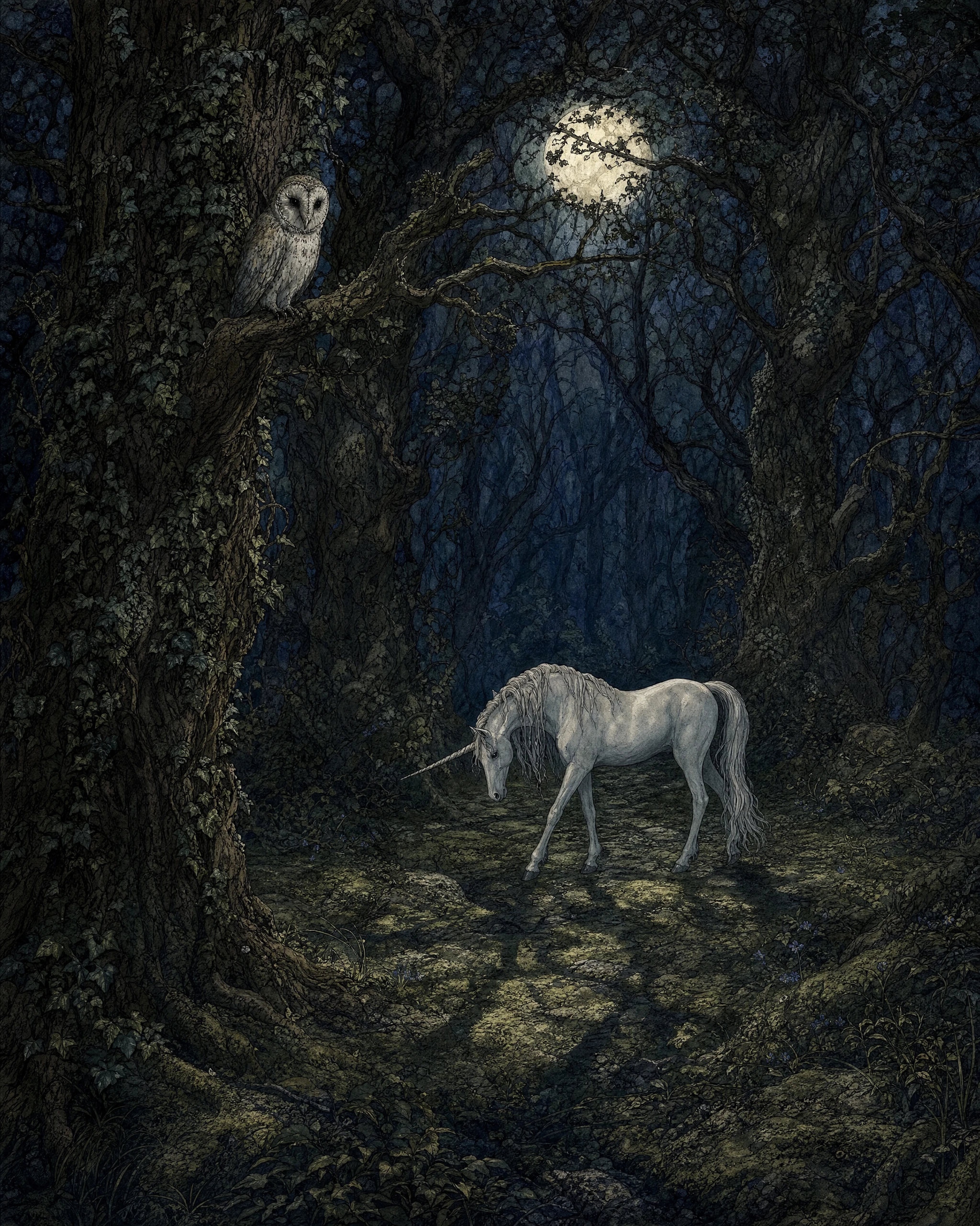 White unicorn walking through moonlit enchanted forest shadows