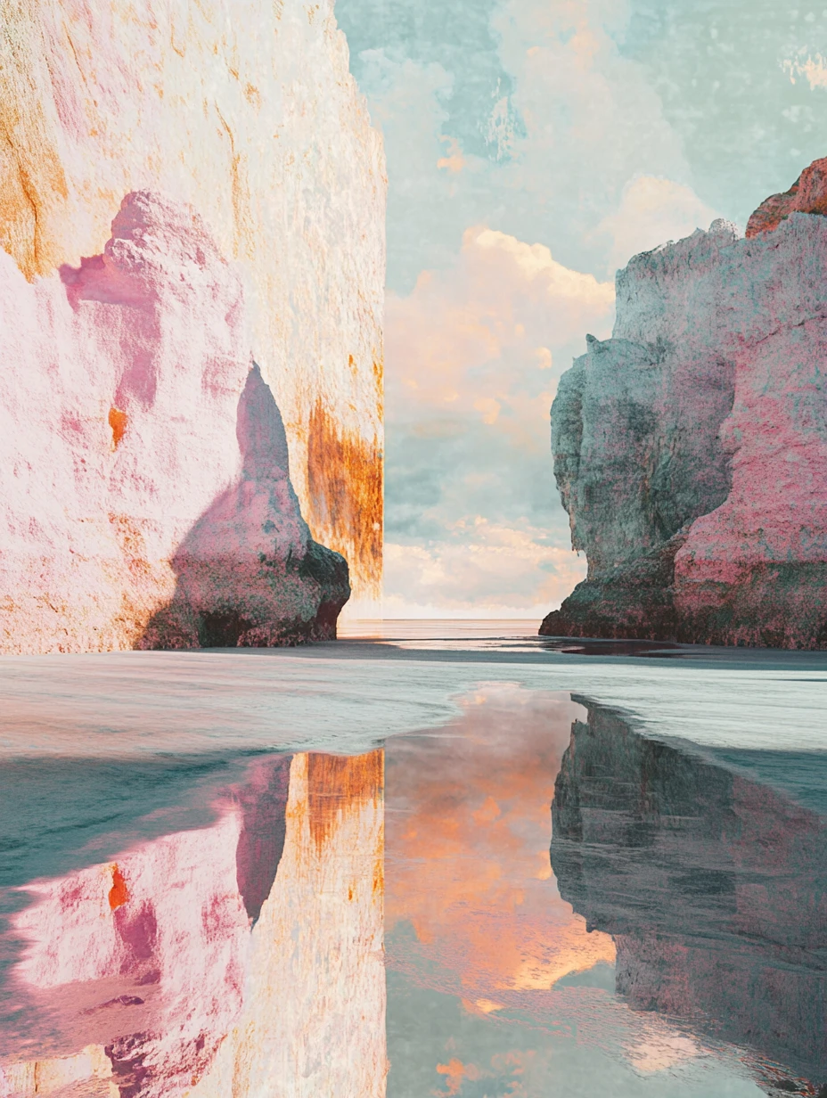 Playa surreal y serena en colores pastel y metálicos