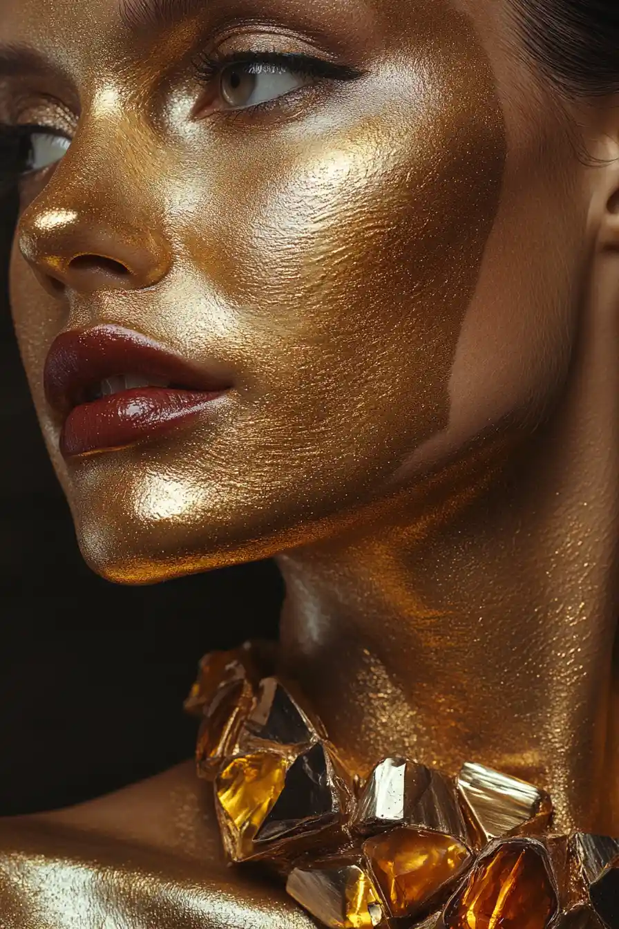 Gilded woman in liquid gold body paint with jeweled necklace