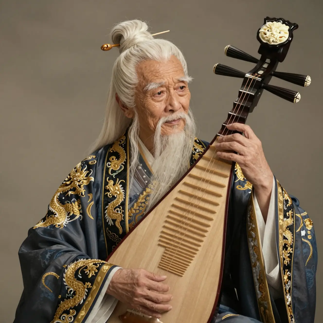 Elderly Chinese musician playing pipa in traditional robe