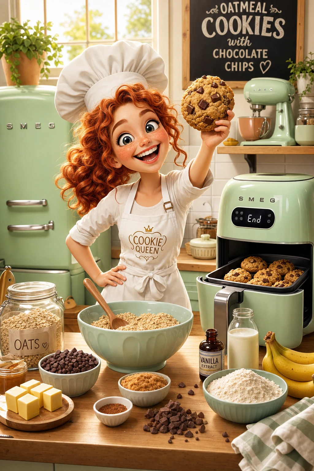 Cheerful woman baking cookies in a sunny 3D kitchen
