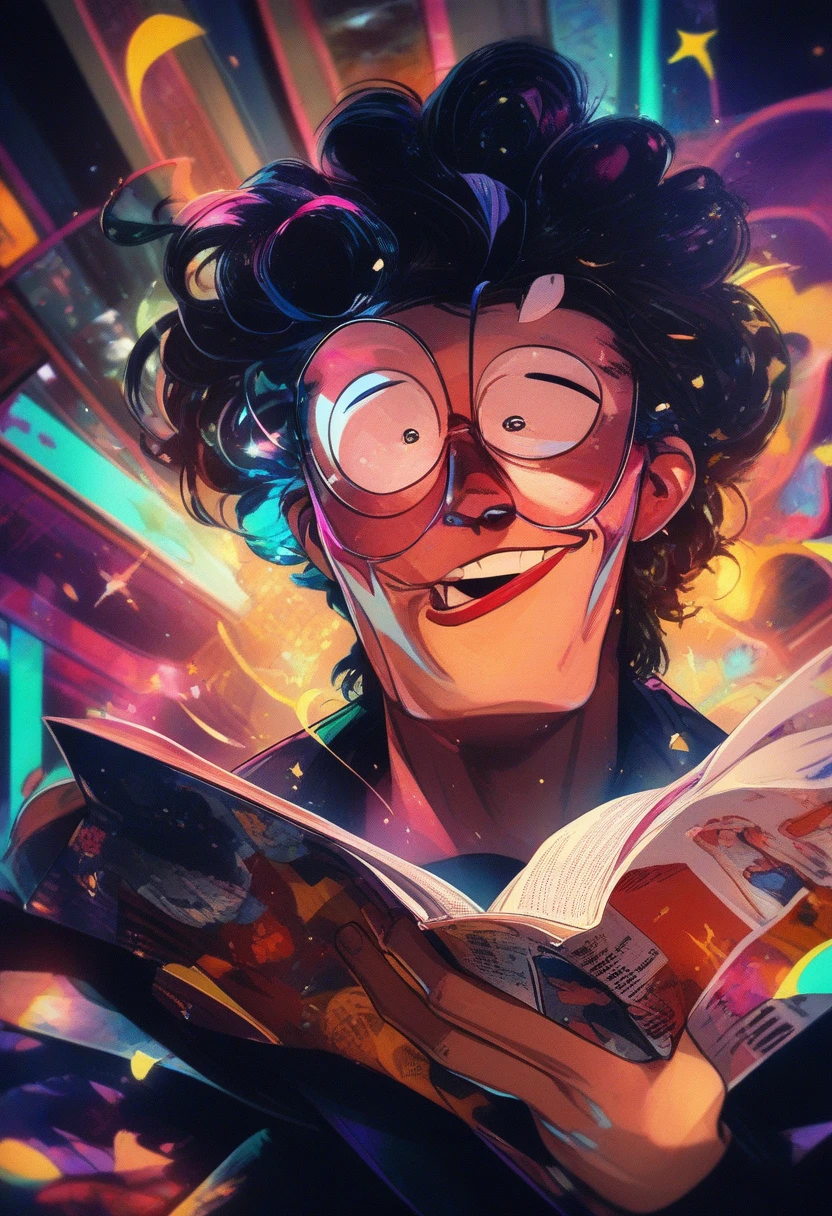 Uomo in stile 3D Pixar che legge una rivista per adulti al chiuso