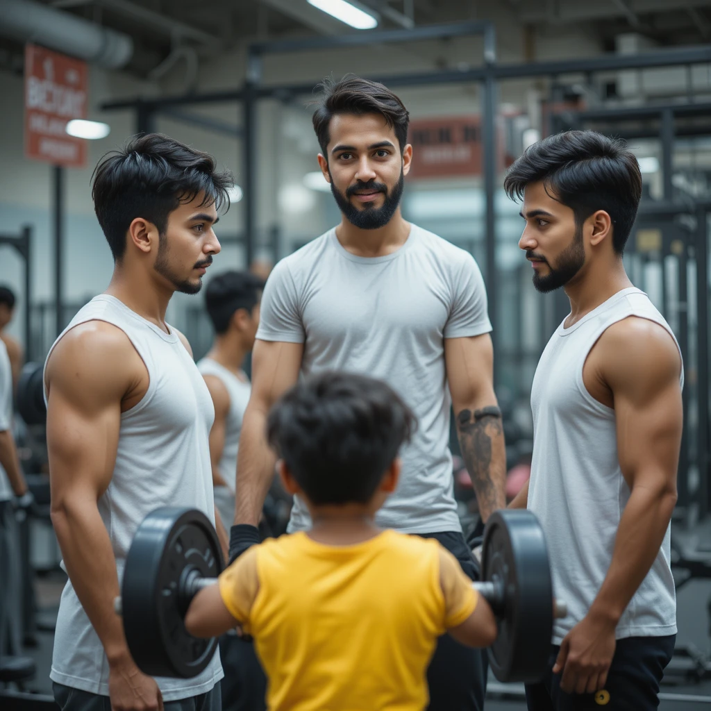 Pakistani trainer guiding boys in proper weightlifting form