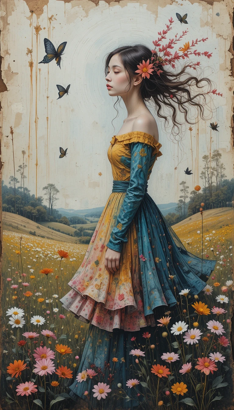 Surreal spring landscape with a young girl in mixed media