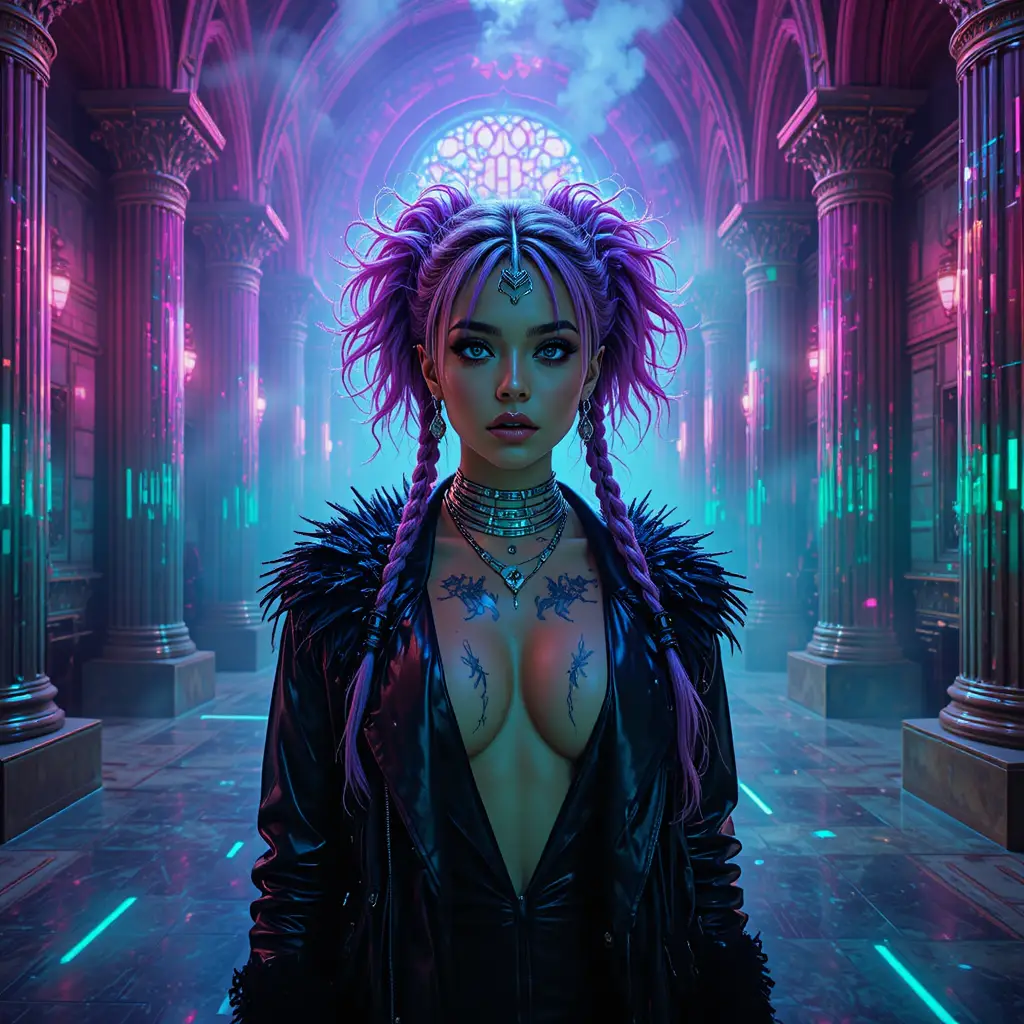 Cyberpunk fashion woman in neon underground cathedral nightclub